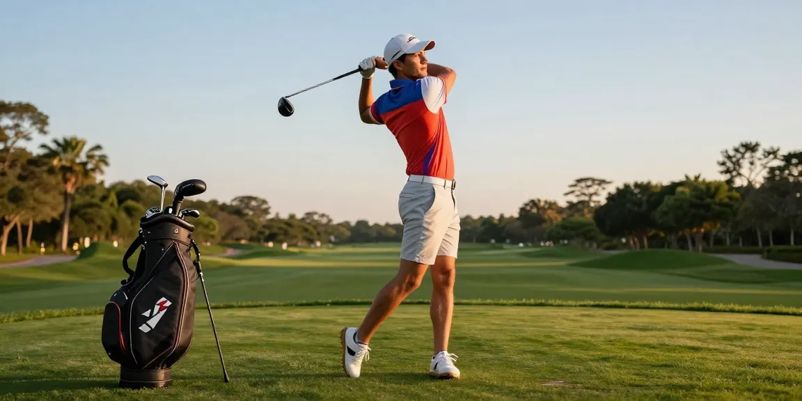 Stylish golfer showcasing 골프웨어 레플리카 while swinging a club on the golf course.
