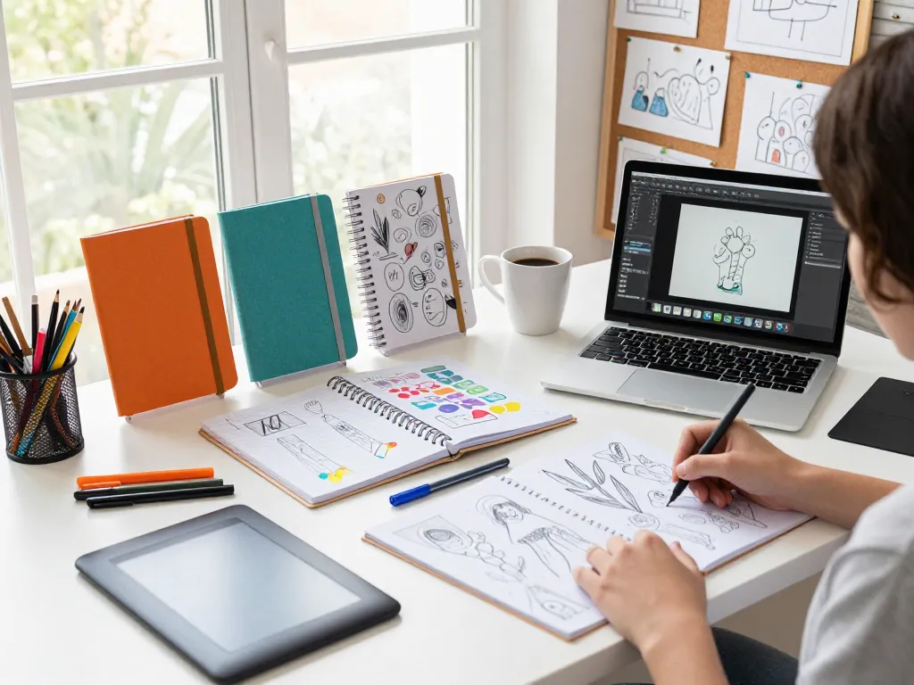 Designing custom notebooks with colorful stationery in a creative workspace