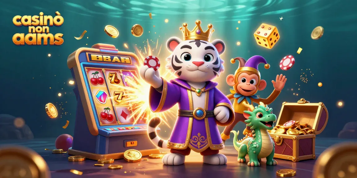 Scena di casinò non AAMS con una tigre bianca cartone, una scimmia che fa giocoleria con fiches da poker e un drago di giada tra elementi a tema casinò.