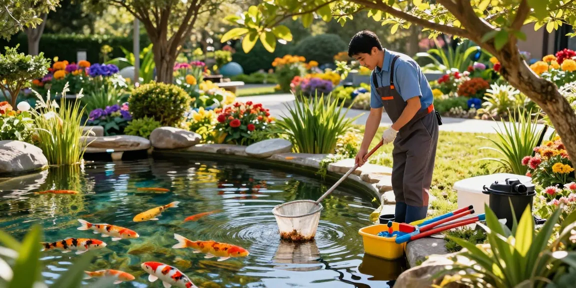 Pond cleaning London professional inspecting a vibrant garden pond, showcasing clear water and colorful aquatic life.
