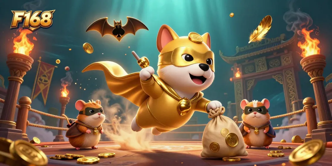 Win big with F168 as a superhero dog and sidekick hamster celebrate in a dynamic casino scene.