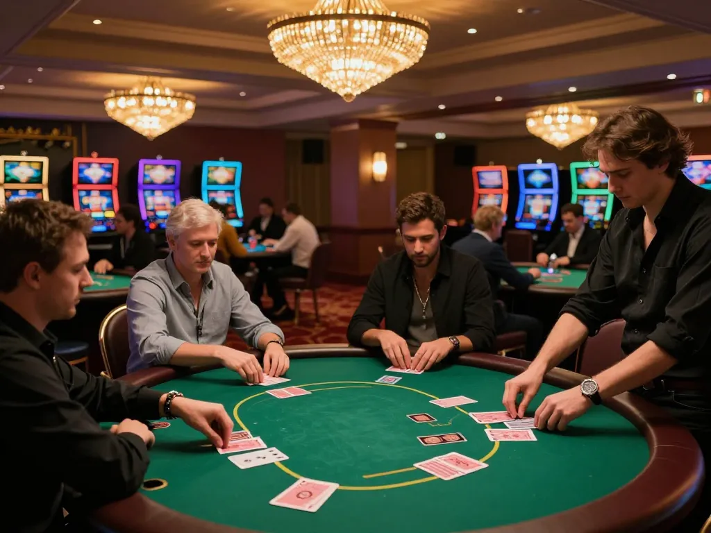 Players engaging at green felt tables on major siti scommesse esteri, with warm casino lights creating a vibrant atmosphere.