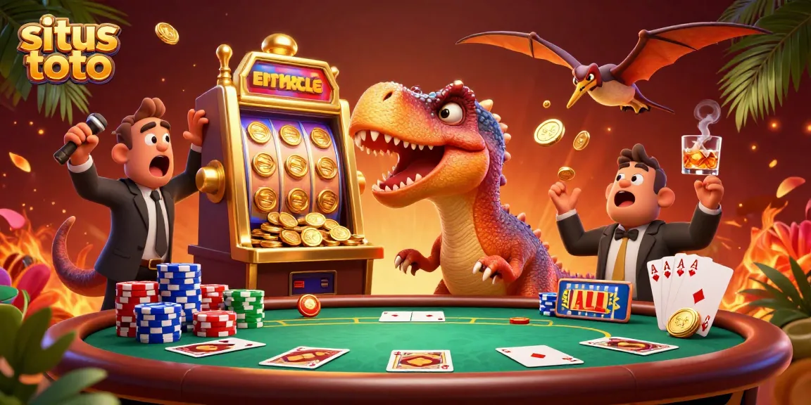 Situs toto highlights a 3D cartoon dinosaur triggering a jackpot at a casino with vibrant poker elements.