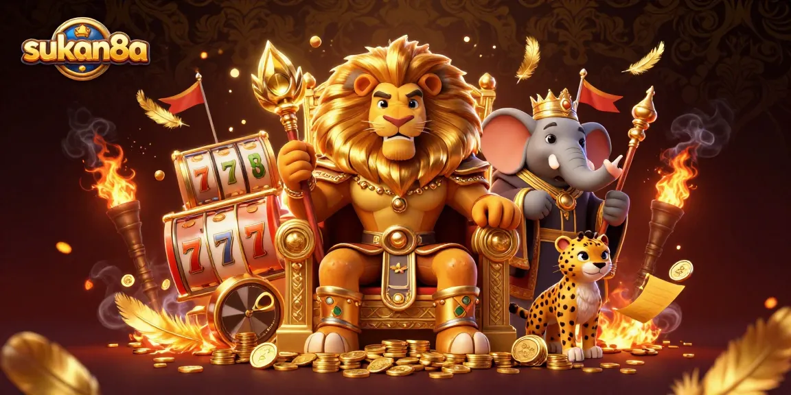Sukan8a showcases a vibrant casino scene with a lion king, elephant advisor, and cheetah messenger surrounded by slot symbols and golden tokens.