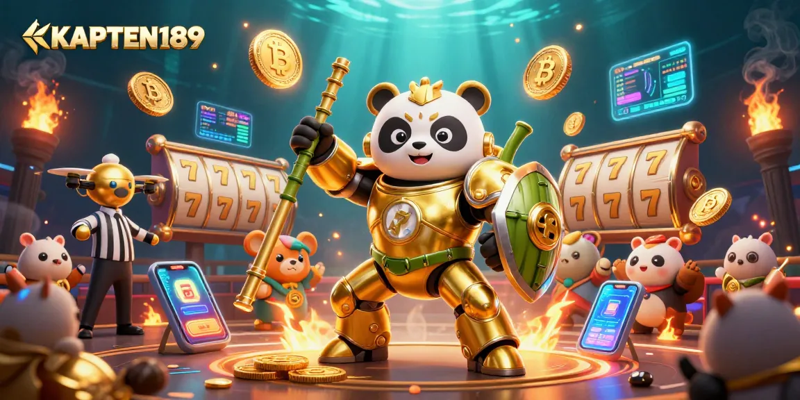 KAPTEN189 menyuguhkan ilustrasi kasino dengan panda emas dan robot bertemakan slot.