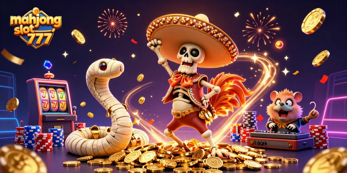 Engage with the mahjong slot 777 experience as a lively skeleton mariachi rooster dances amidst golden coins and slot reels.