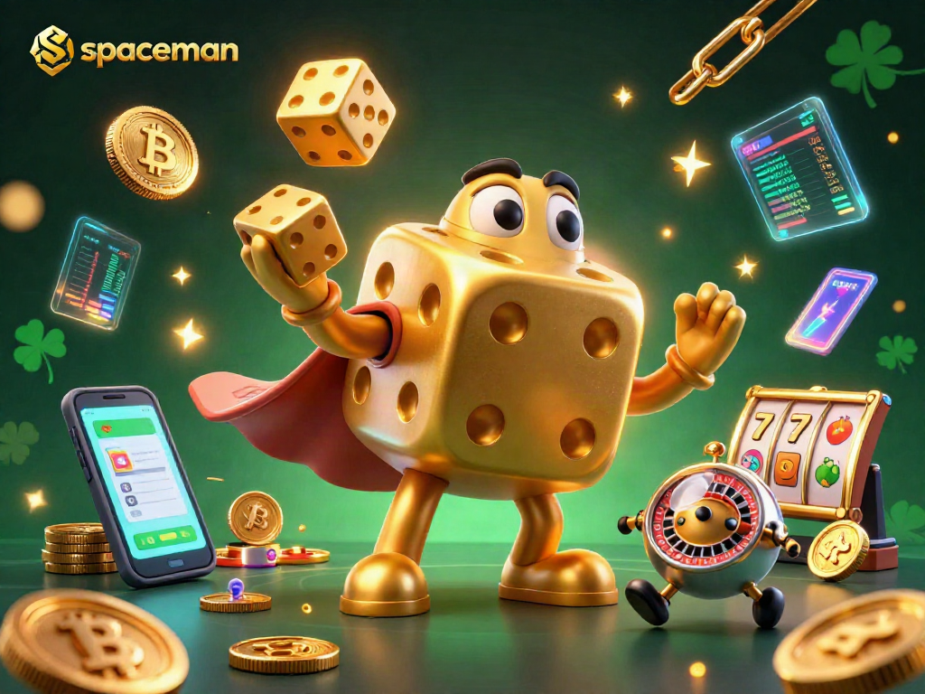 Engage with spaceman and win big as a golden dice golem juggles coins in a vibrant casino scene.