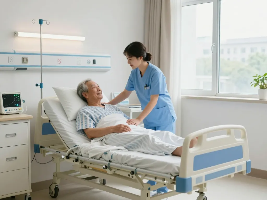 High-quality giường bệnh nhân in a serene hospital room with supportive nursing staff.