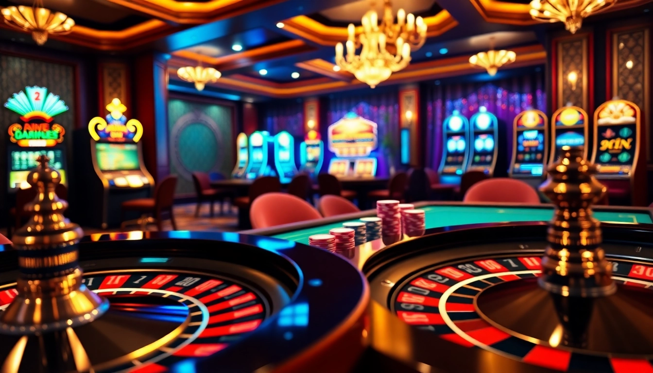 Scène excitante d'un luxueux casino en ligne fiable affichant des jetons de poker et une roulette.