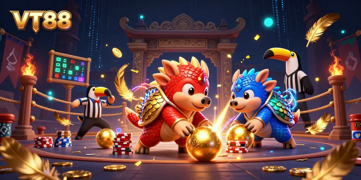Bowling pangolins compete in a vibrant VT88 casino scene, filled with poker chips and confetti.