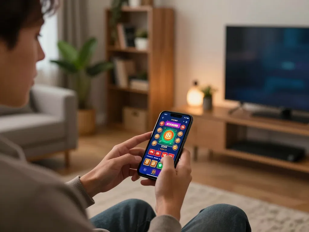 Playing casinò online non aams con neteller on a smartphone in a cozy living room setting