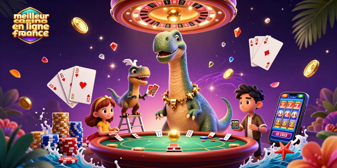 Venez découvrir le meilleur casino en ligne France avec une illustration captivante 3D d'un brontosaure et un croupier raptor.