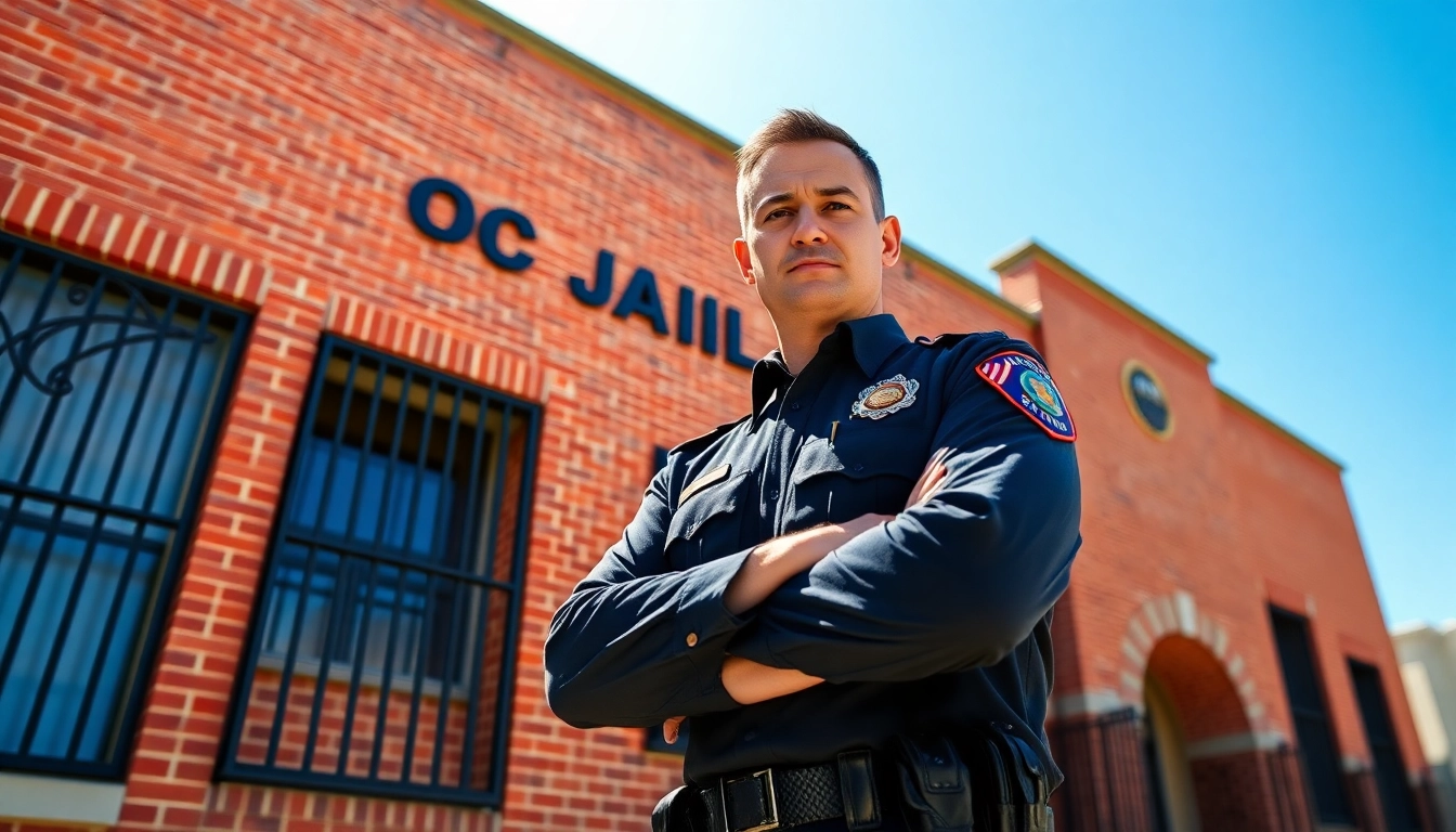 Capture the atmosphere of OC Jail with a law enforcement officer showcasing its strong façade.