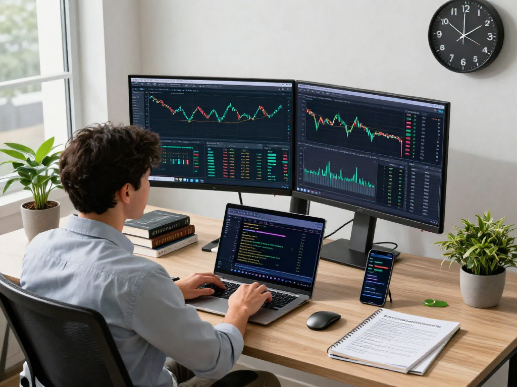 Trader using metatrader 5 on multiple screens in a modern office space.