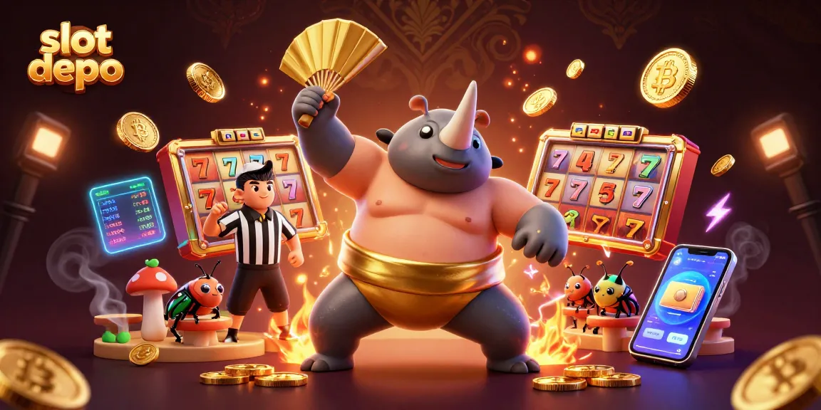 Experience the thrill of slot depo with a 3D beetle sumo champion surrounded by dynamic casino elements.