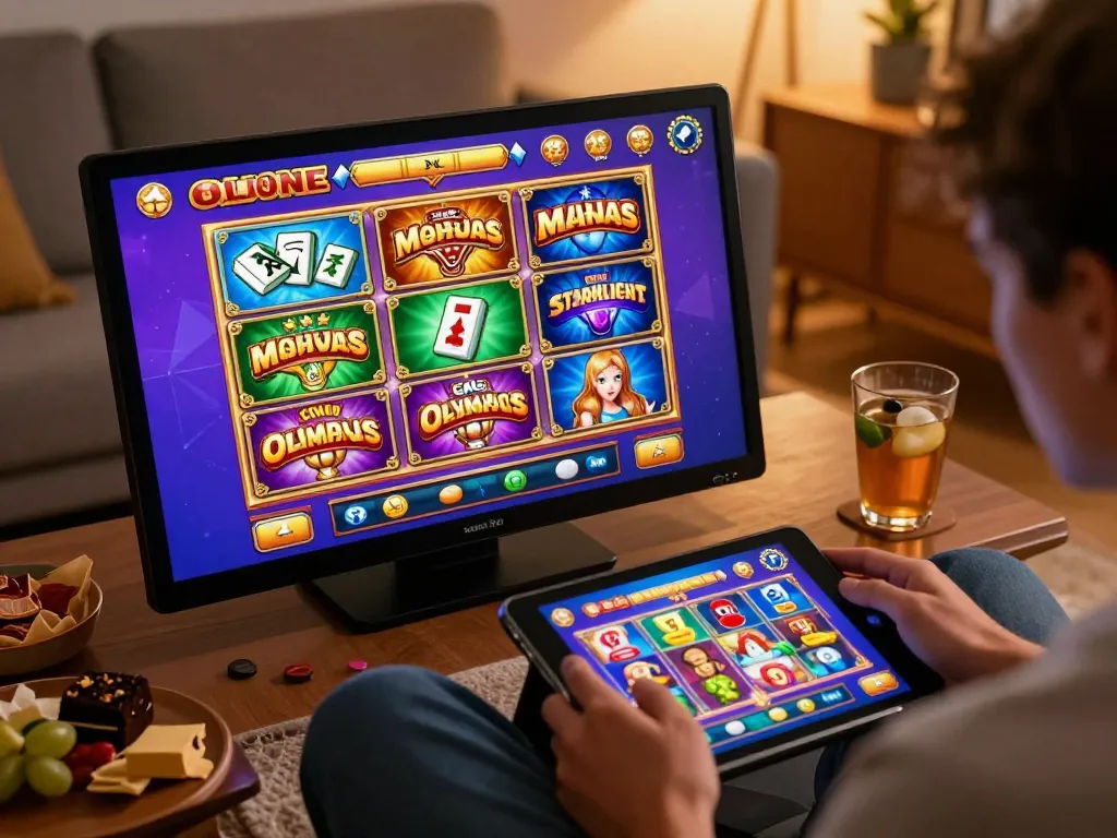 Engaging scene of a player enjoying slot bet kecil games at home on a tablet