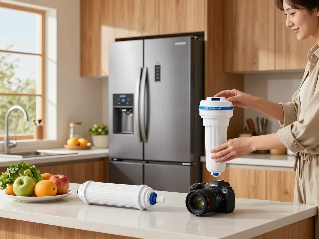 Person replacing Filterlogic DA29-00020B Replacement for Samsung RF28HMEDBSR in a modern, bright kitchen.