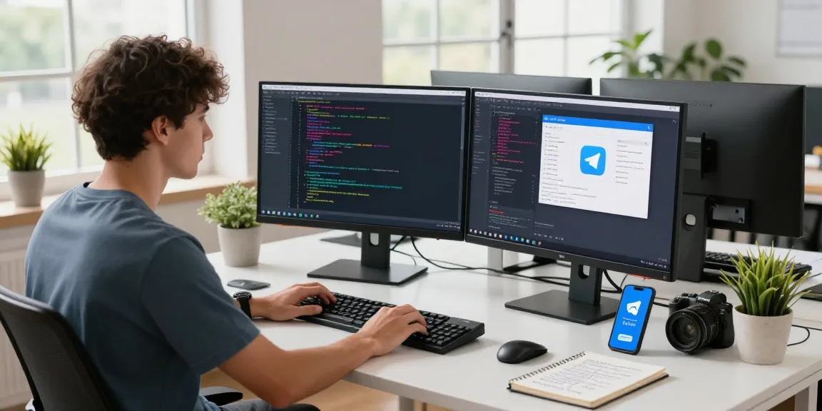 Developer coding on dual monitors showcasing 纸飞机中文版 app in modern workspace.