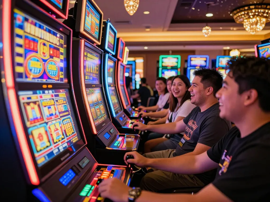 Engaging moment of players at slot machines seeking free credit mega888 in a vibrant casino atmosphere.