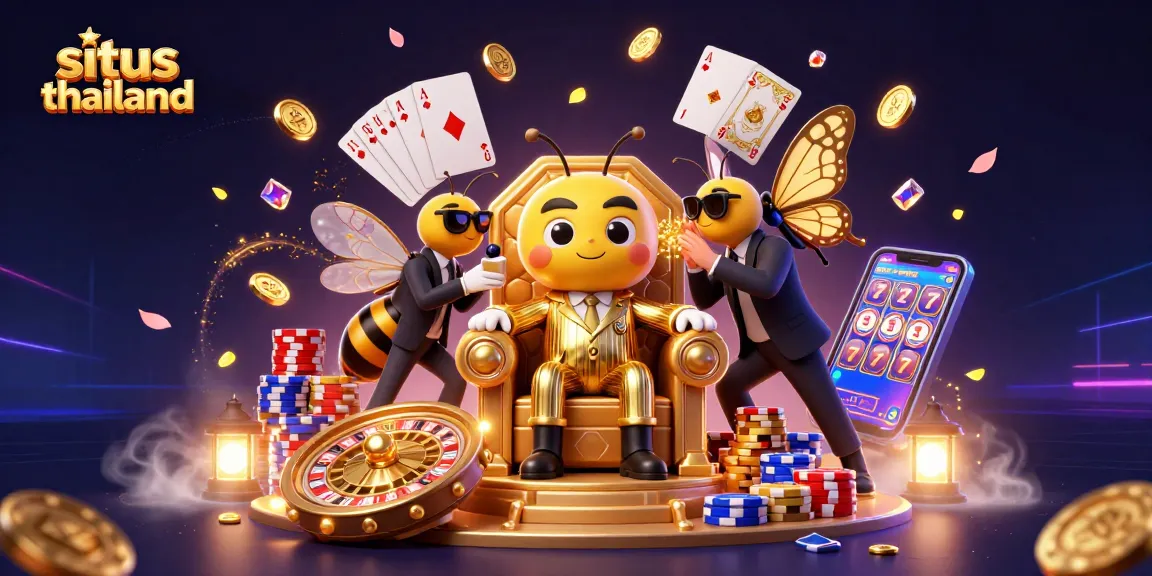 Spin to win at situs thailand with a cartoon bumblebee mob boss and dazzling casino elements.