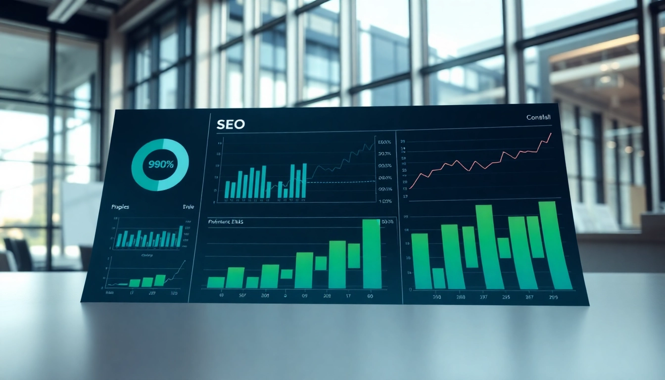 Visualize SEO performance metrics through a professional analytics dashboard in a modern setting.