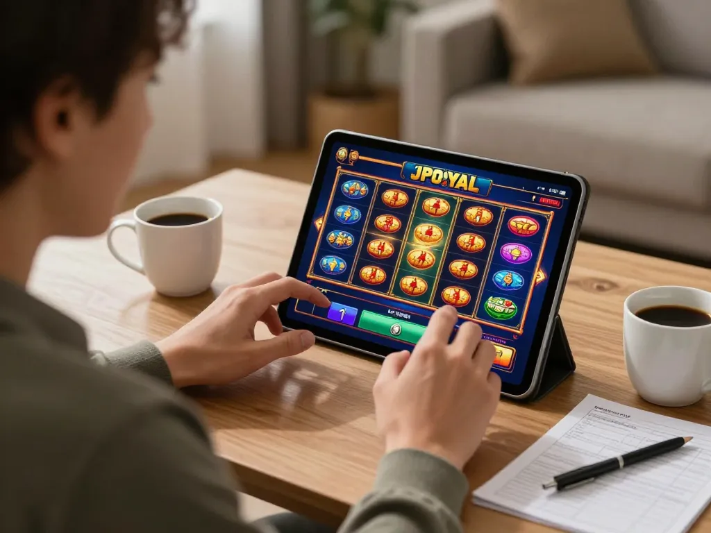 JPROYAL player engaging in online slots from cozy home setup with strategy notes and tablet screen visible.