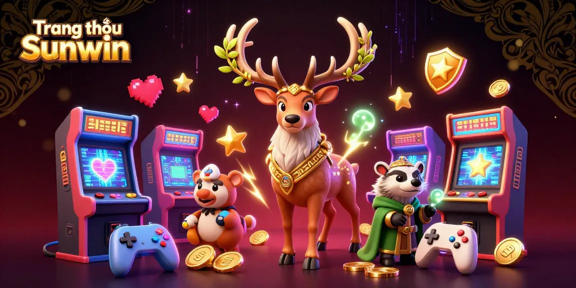 Engage at Trang chủ Sunwin with a vibrant 3D casino-themed illustration featuring a Celtic druid stag, gaming machines, and glowing elements.