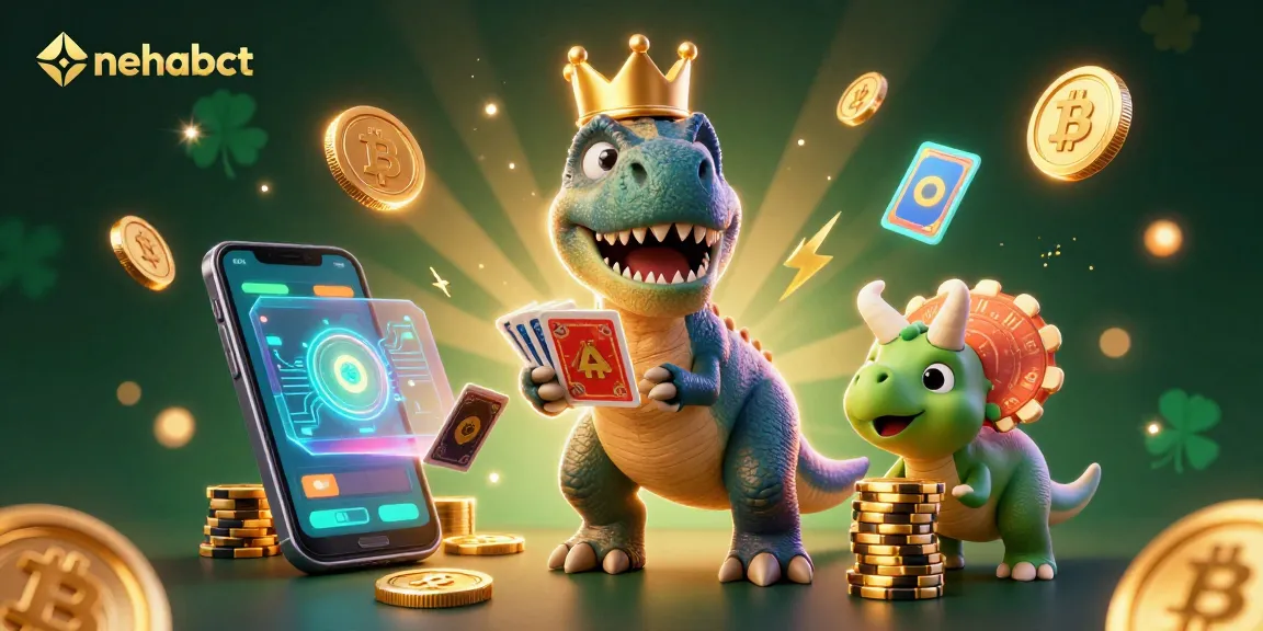 Engaging nehabct illustration shows T-Rex dealing cards amidst gold coins, enhancing casino excitement