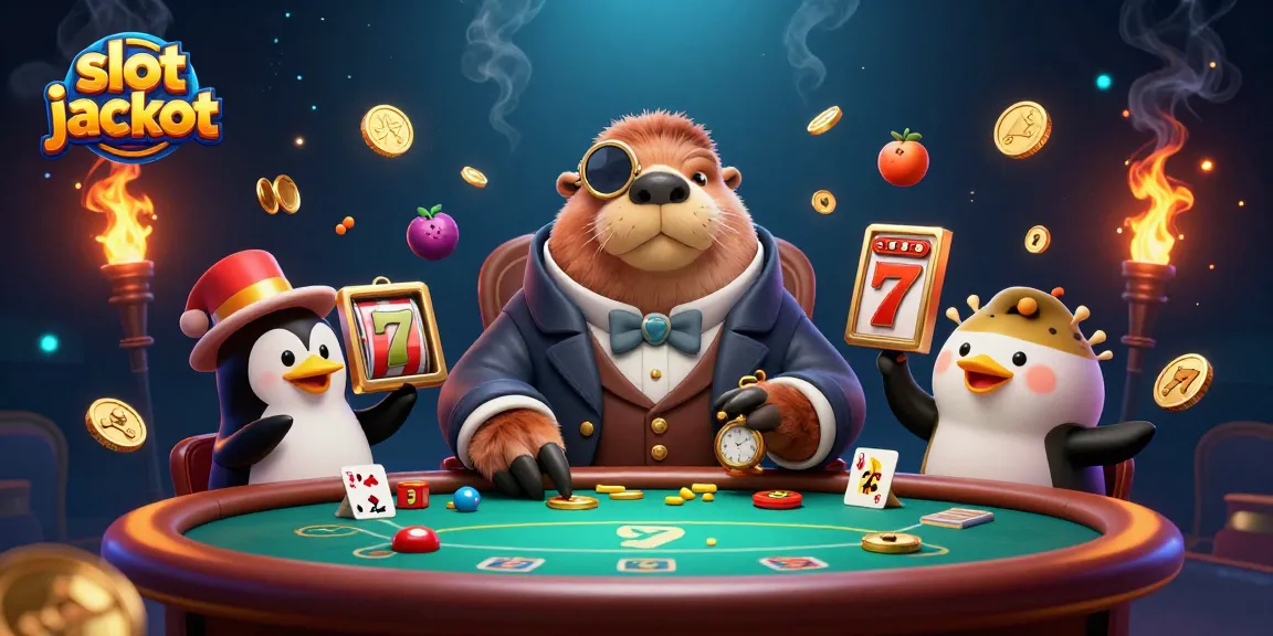 Experience thrilling slot jackpot action with our charming walrus, penguin dealer, and pufferfish bluffing at a vibrant casino!