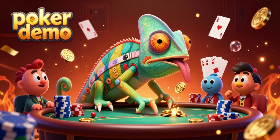 Engage with dynamic poker demo illustration showcasing a vibrant chameleon casino owner amidst lively gaming elements.