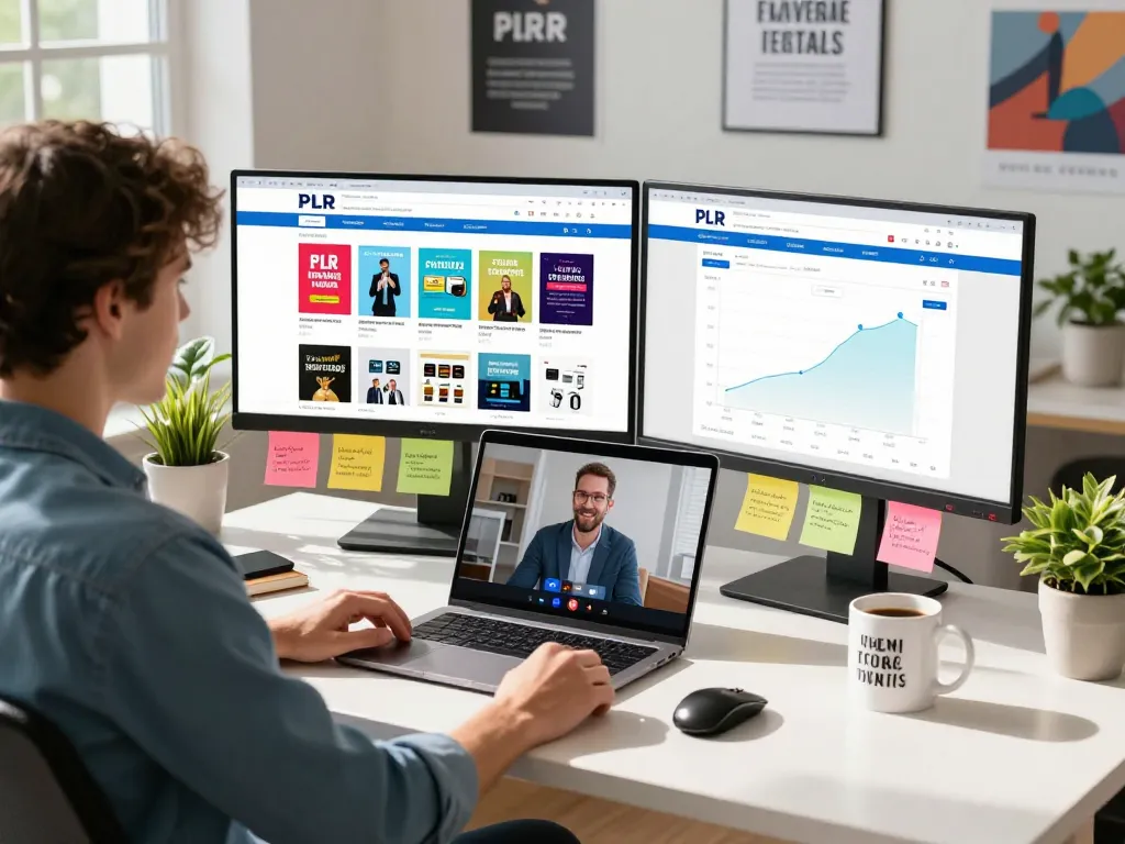 Buy PLR Digital Products in a vibrant e-commerce workspace with analytics and product displays.