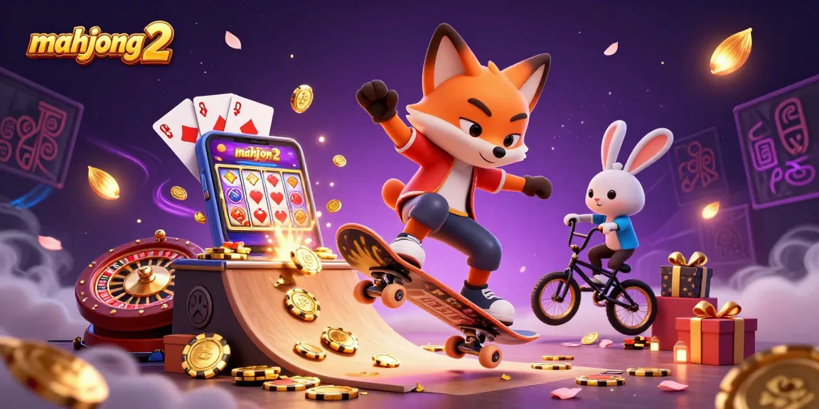 Engage with mahjong 2 as a cartoon fox skates over poker chips, showcasing vibrant casino elements.