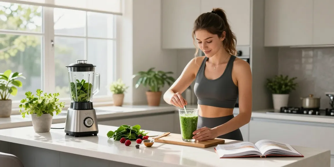 Young woman preparing an antioxidant supplement Canada smoothie in a bright modern kitchen.