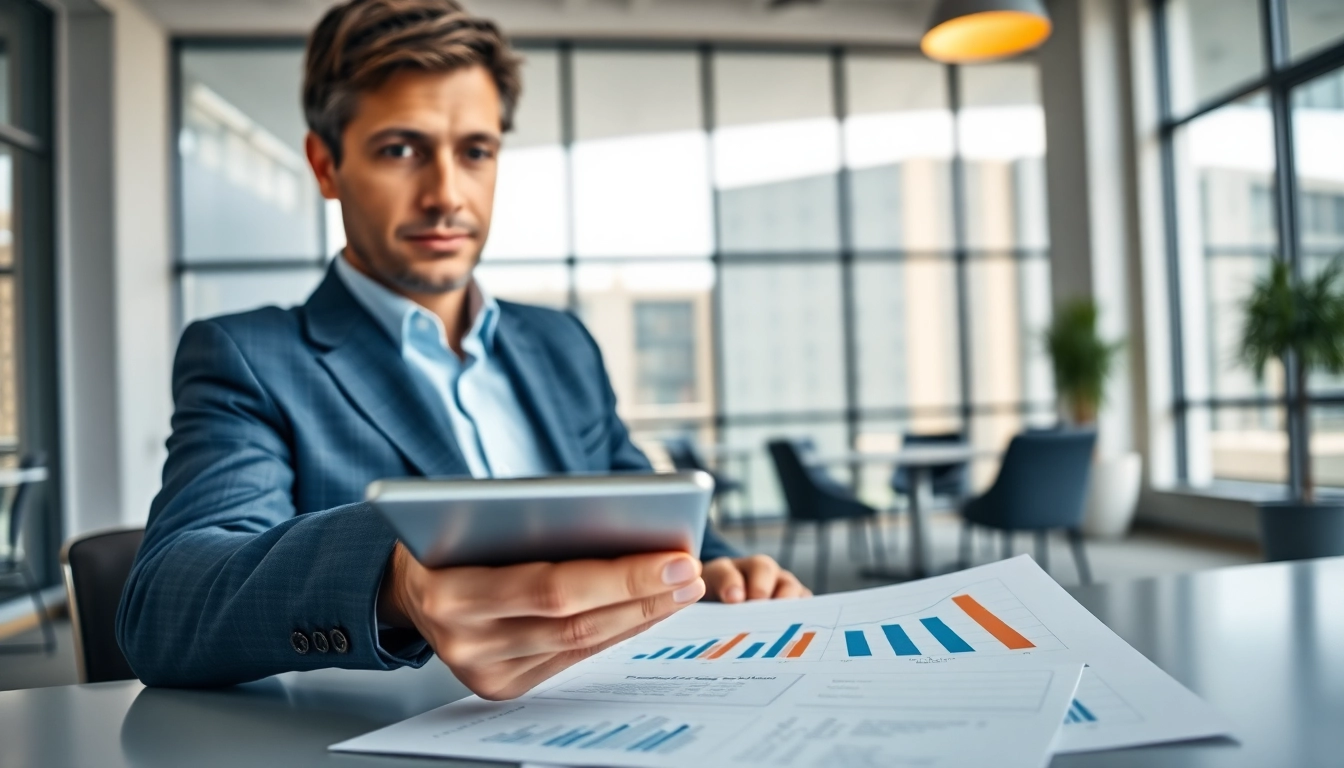 Consulting expert performing Bid-No-Bid Analysis with digital tools in a professional office.