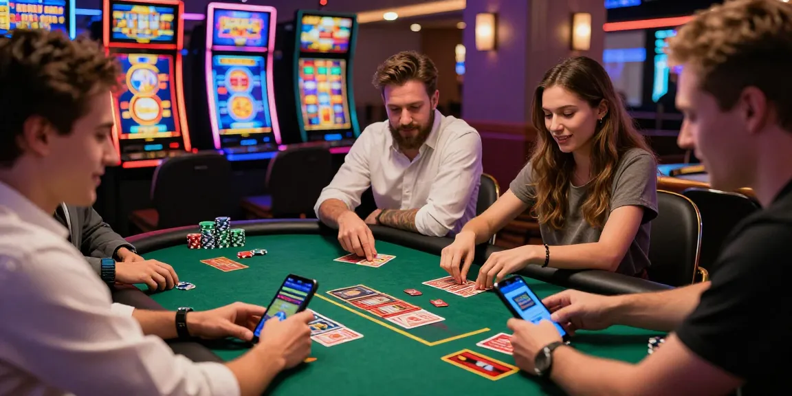 Group of friends enjoying online gaming at credit card casinos, highlighting https://mhfe.org.uk and vibrant atmosphere.