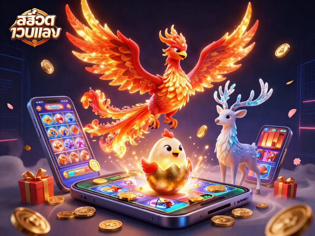 Experience thrilling games with สล็อตเว็บตรง as a 3D phoenix and mobile slots illuminate the scene.
