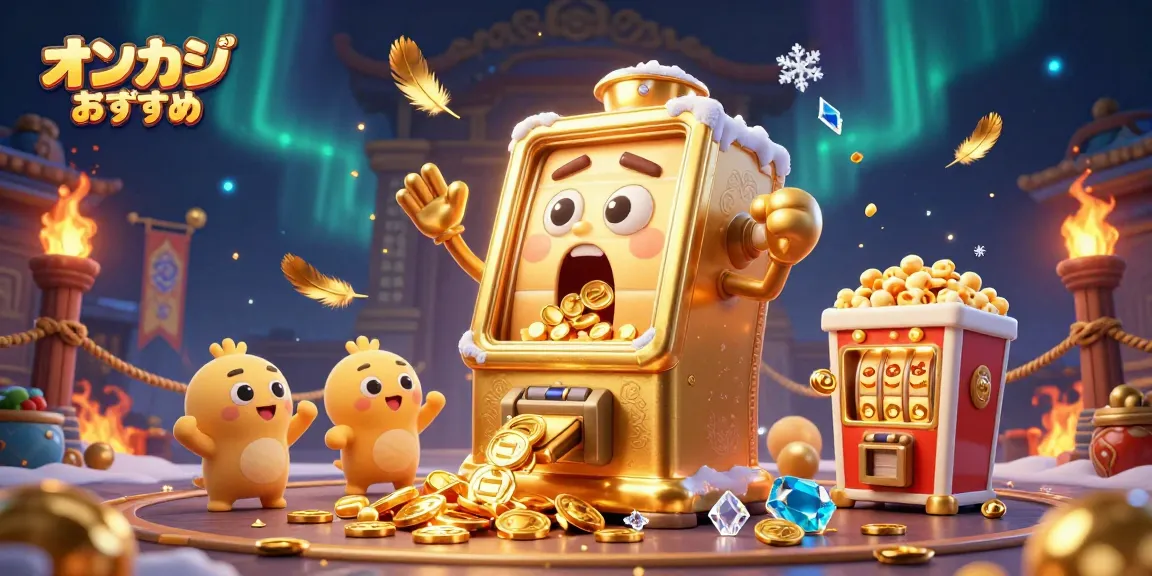 オンカジおすすめのスロットマシンがジャックポットを獲得し、コインが飛び出すシーンのイラスト
