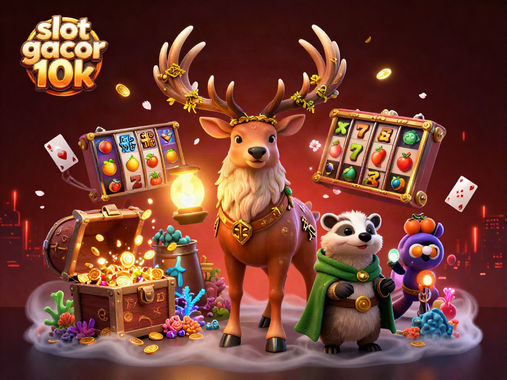 Spin the exciting slot gacor 10k with magical creatures and treasures in this captivating illustration.