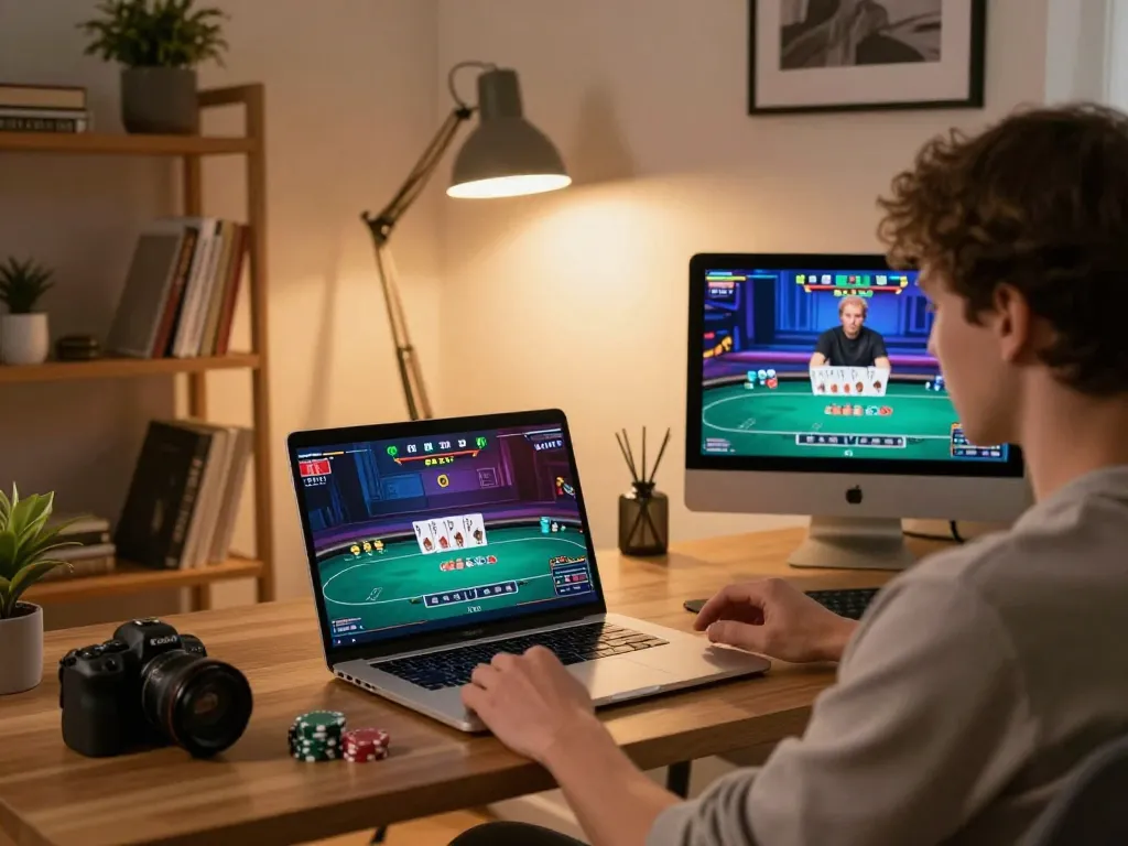 TG88 player strategizing during an online poker game on laptop in cozy home setting.