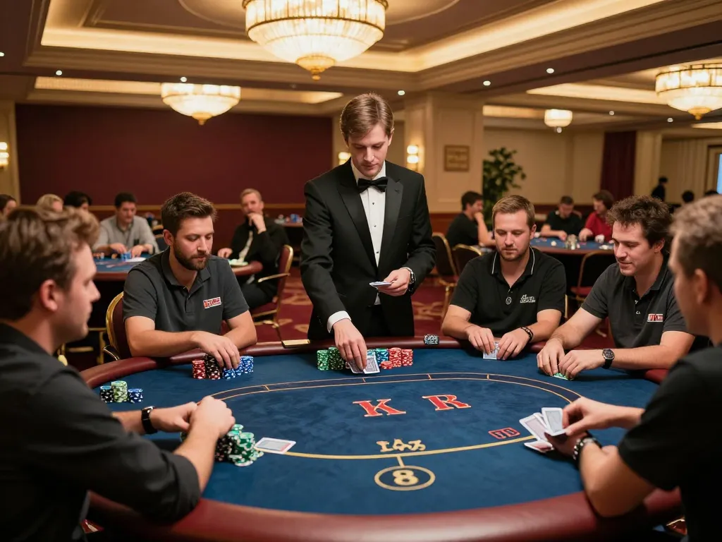 B52 players strategizing at an upscale poker table, engaged in high-stakes action with chips and cards