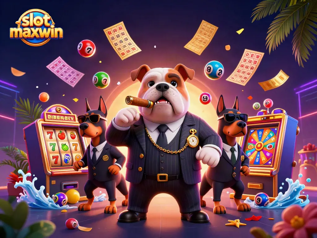 Experience the excitement of slot maxwin with a vibrant 3D casino illustration featuring dynamic game elements.
