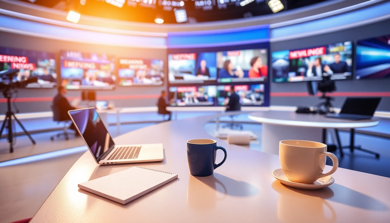 Journalist covering breaking news in a professional newsroom atmosphere.