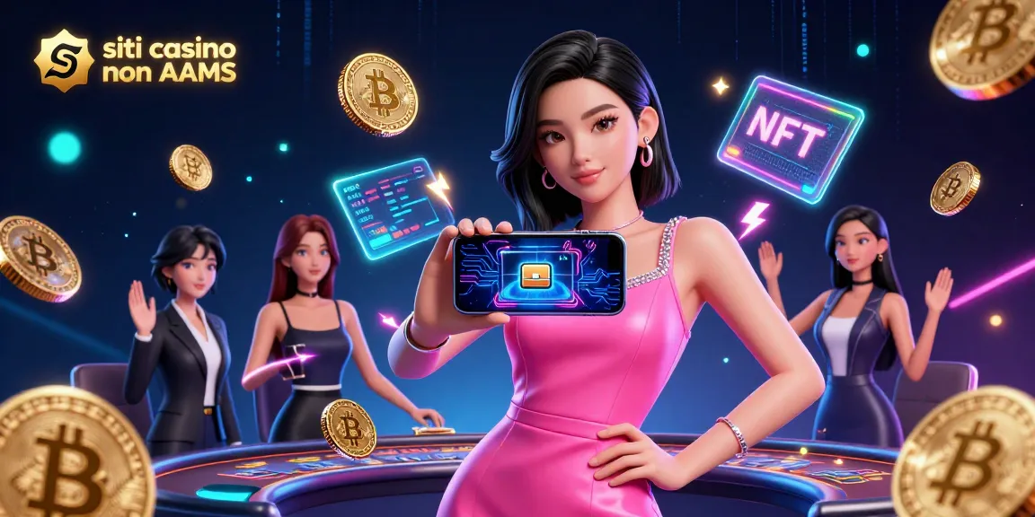 Scena coinvolgente che mostra siti casino non AAMS con il protagonista che gioca con un dealer dal vivo sul suo smartphone tra elementi crypto vibranti e grafiche da casinò