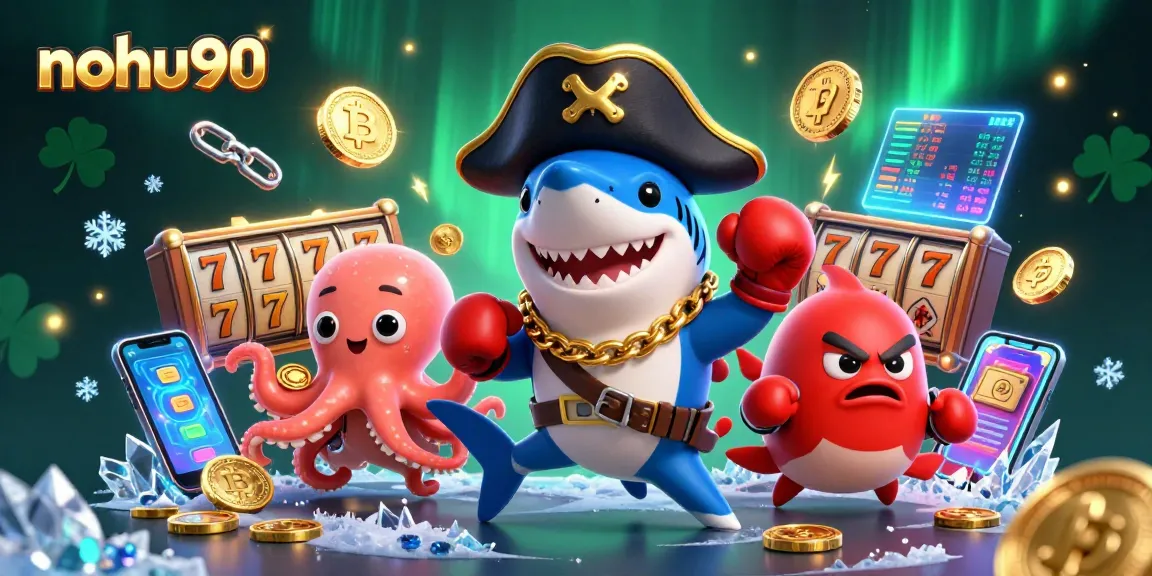 Win exciting jackpots with nohu90 in a vibrant 3D casino scene featuring playful sea characters.