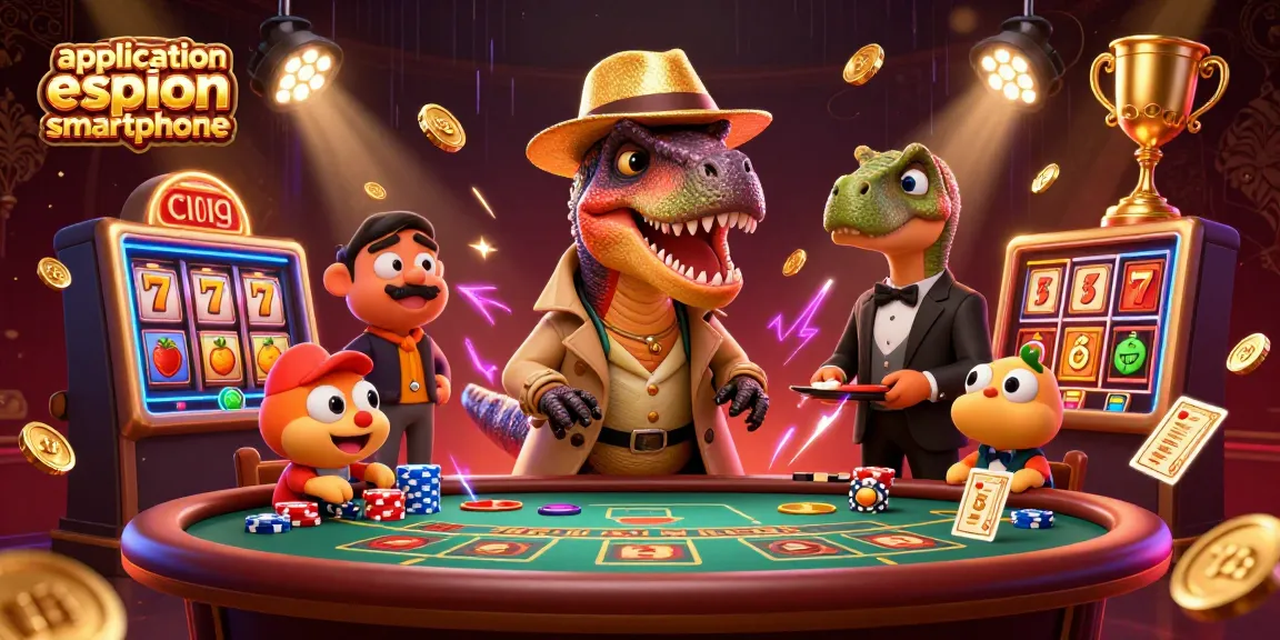 Application espion smartphone surveillant le jeu de casino avec des personnages de dinosaures amusants.