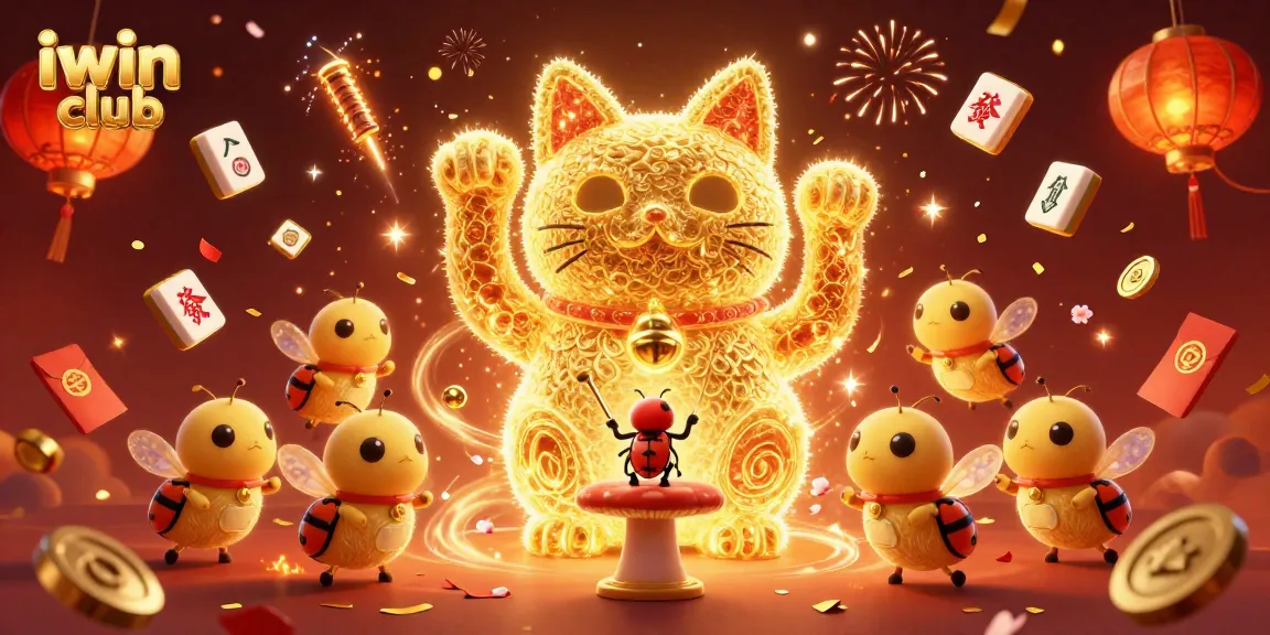 Experience thrilling gaming at iwin club with a vibrant lucky cat and colorful casino elements.