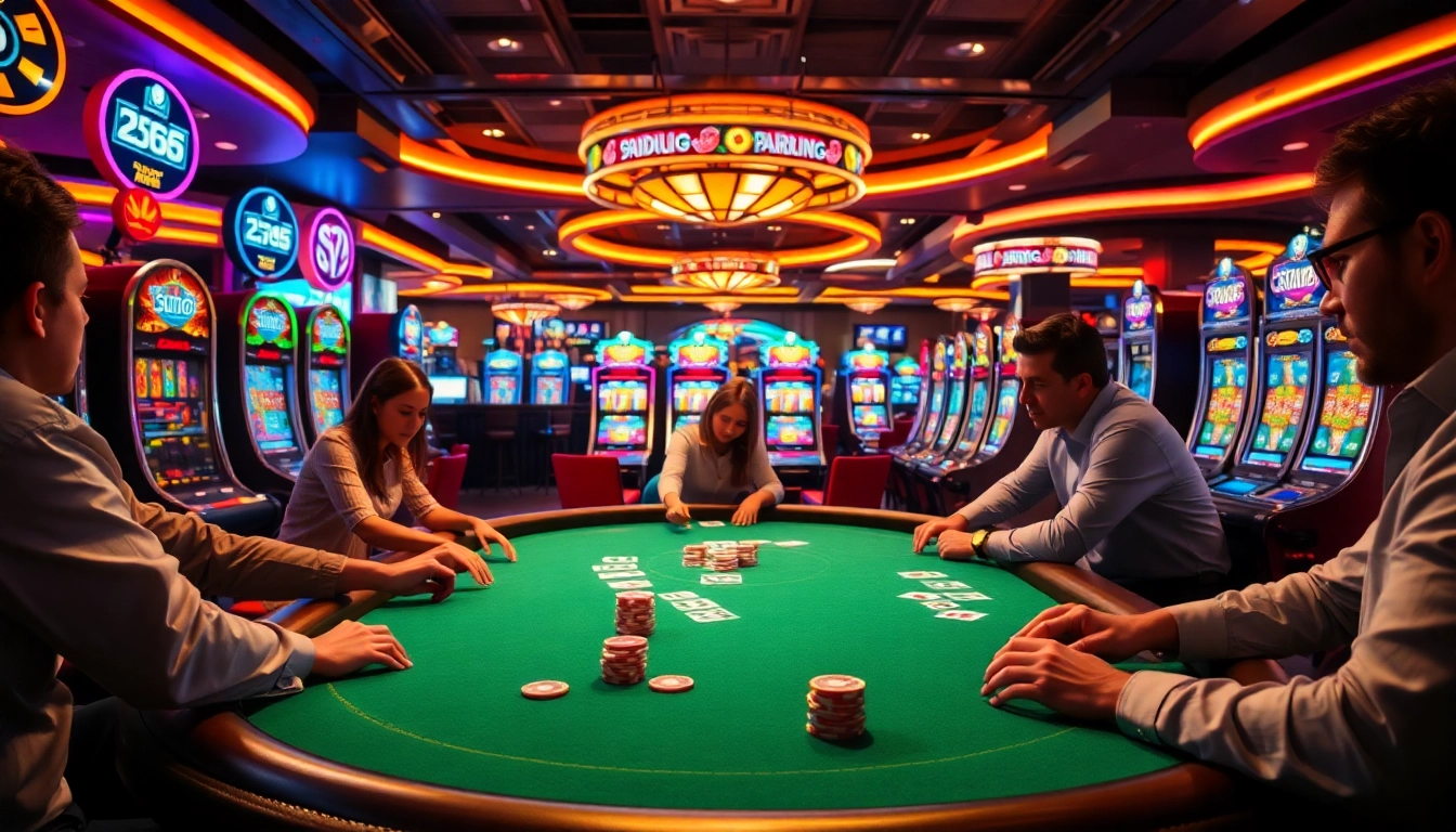 Akun Depo 5k, pemain berfokus pada meja poker, menciptakan suasana kasino yang menarik.