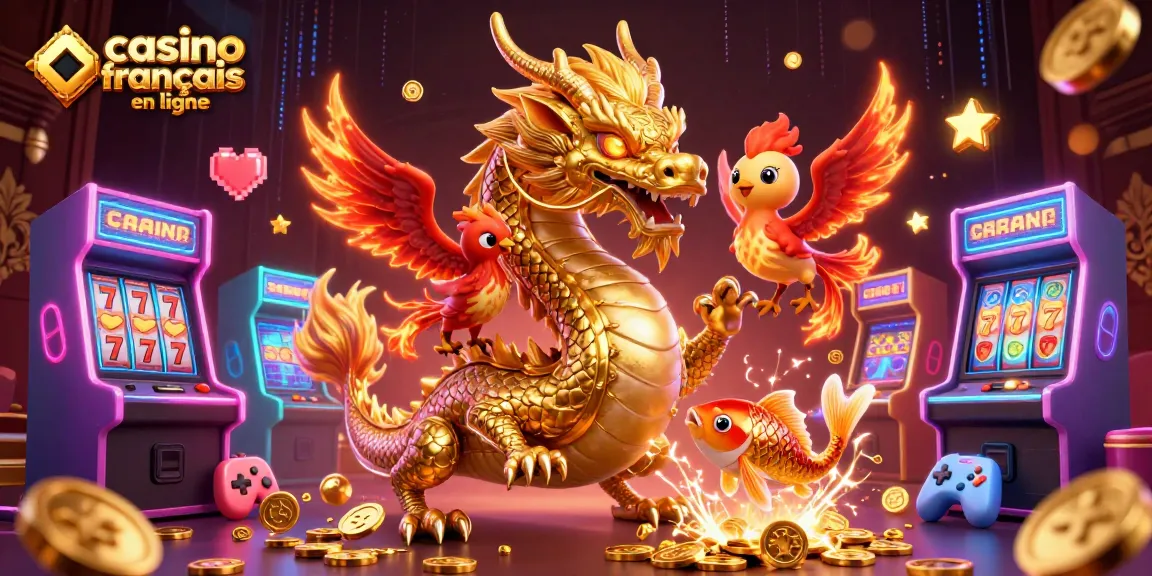 Visualisation d'un dragon doré et d'une petite phoenix au sein d'un casino francais en ligne amusant et dynamique.