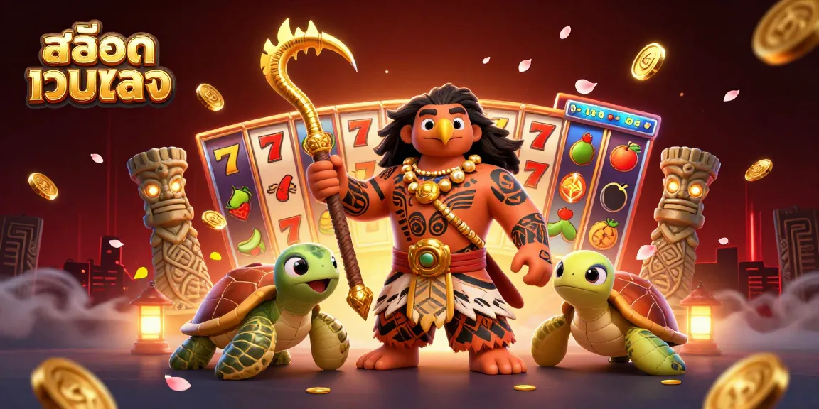 Engage with สล็อตเว็บตรง in a vibrant scene featuring tattooed demigod and turtle amidst slot reels and jackpots.