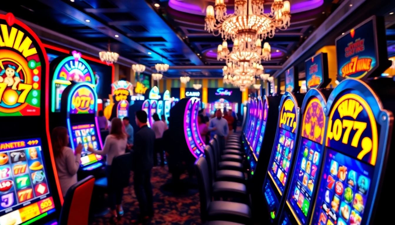 Slot77 mesin slot yang berwarna-warni menarik perhatian pemain di kasino yang ramai.